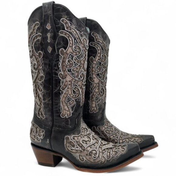 Corral Women's Size 7 Black Dual Tone Inlay Intricate Embroidery Western Boots - Picture 5 of 15